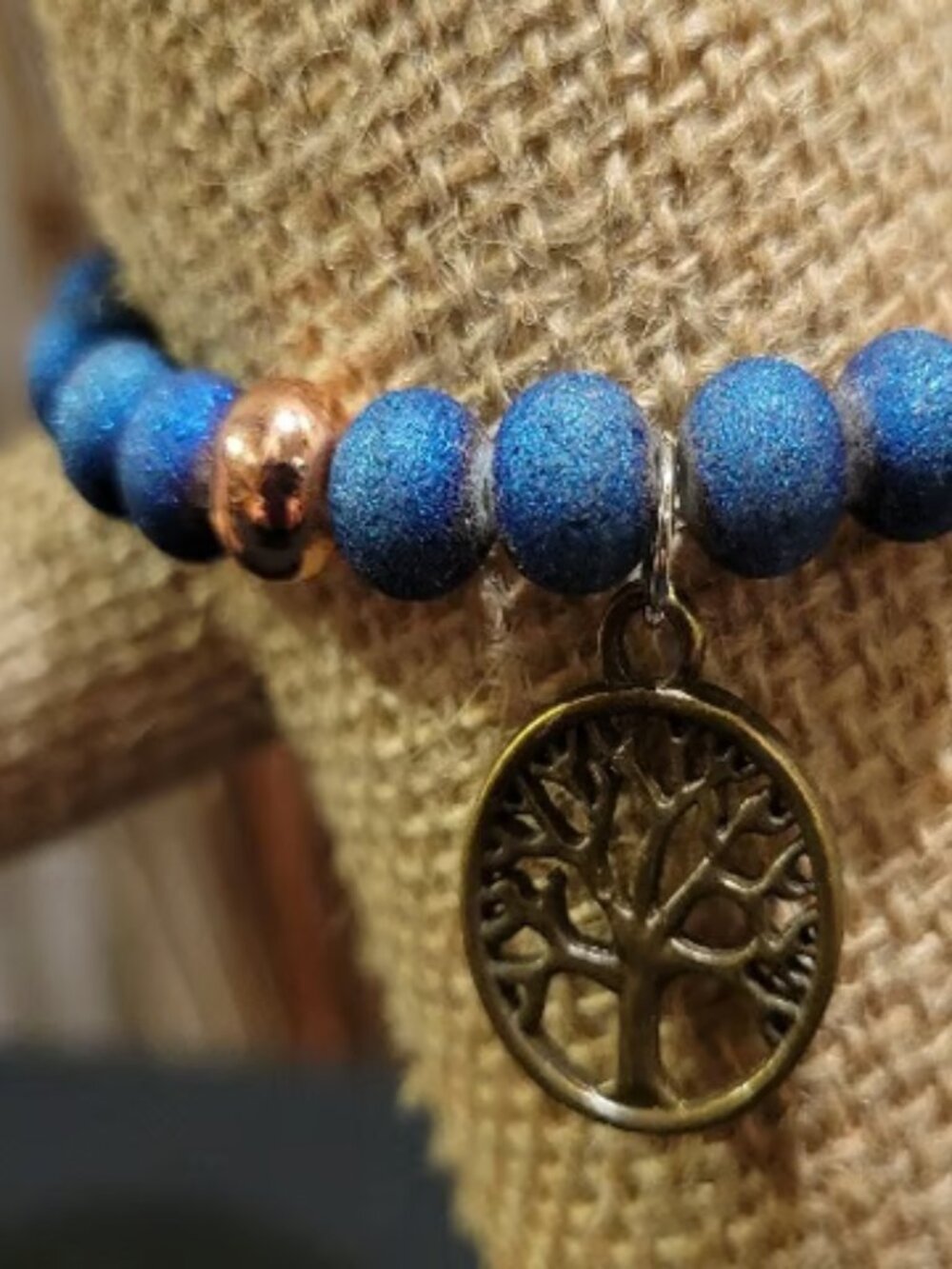 Dark Blue Lava Beads with Gold Dividers Tree of Life Charm